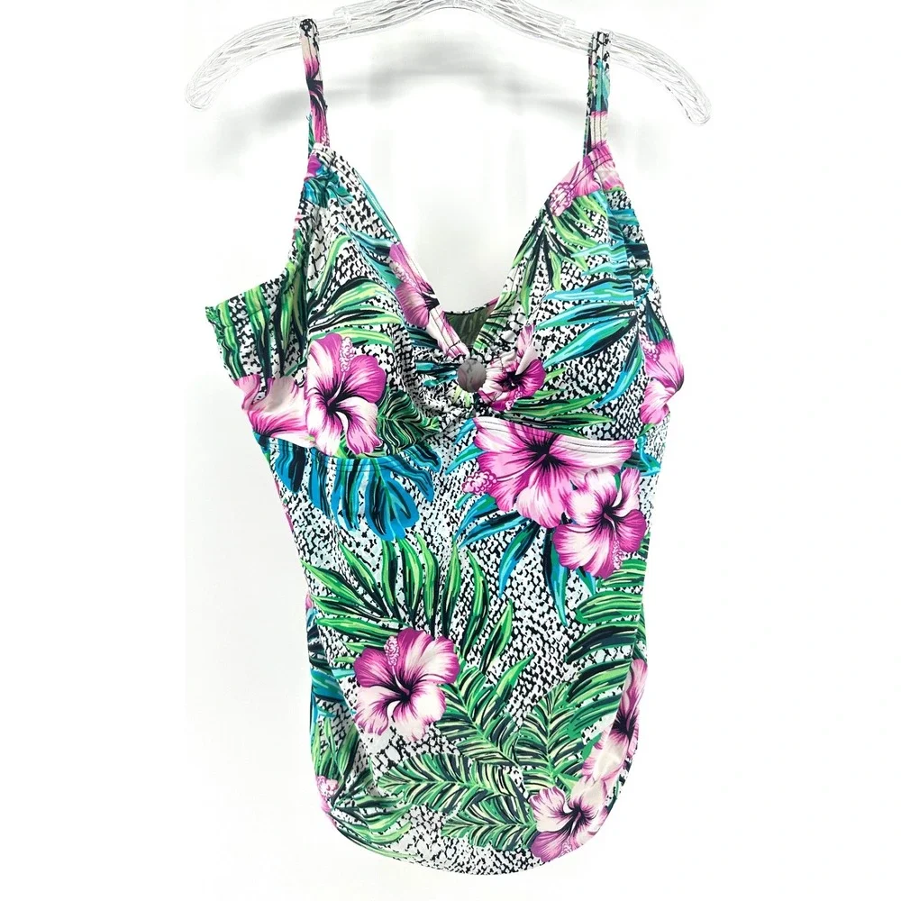 St Johns Bay Womens Floral Tropical Animal Print Tankini Swim Top Pink Green 16
